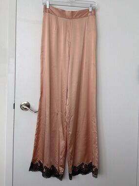 Agent Provocateur amelea Blush Satin Wide-Leg Pants with Black Lace Hem